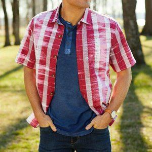 Tommy Bahama "Who Got Ikat" Silk Blend Baja Red Stripe Camp Shirt L